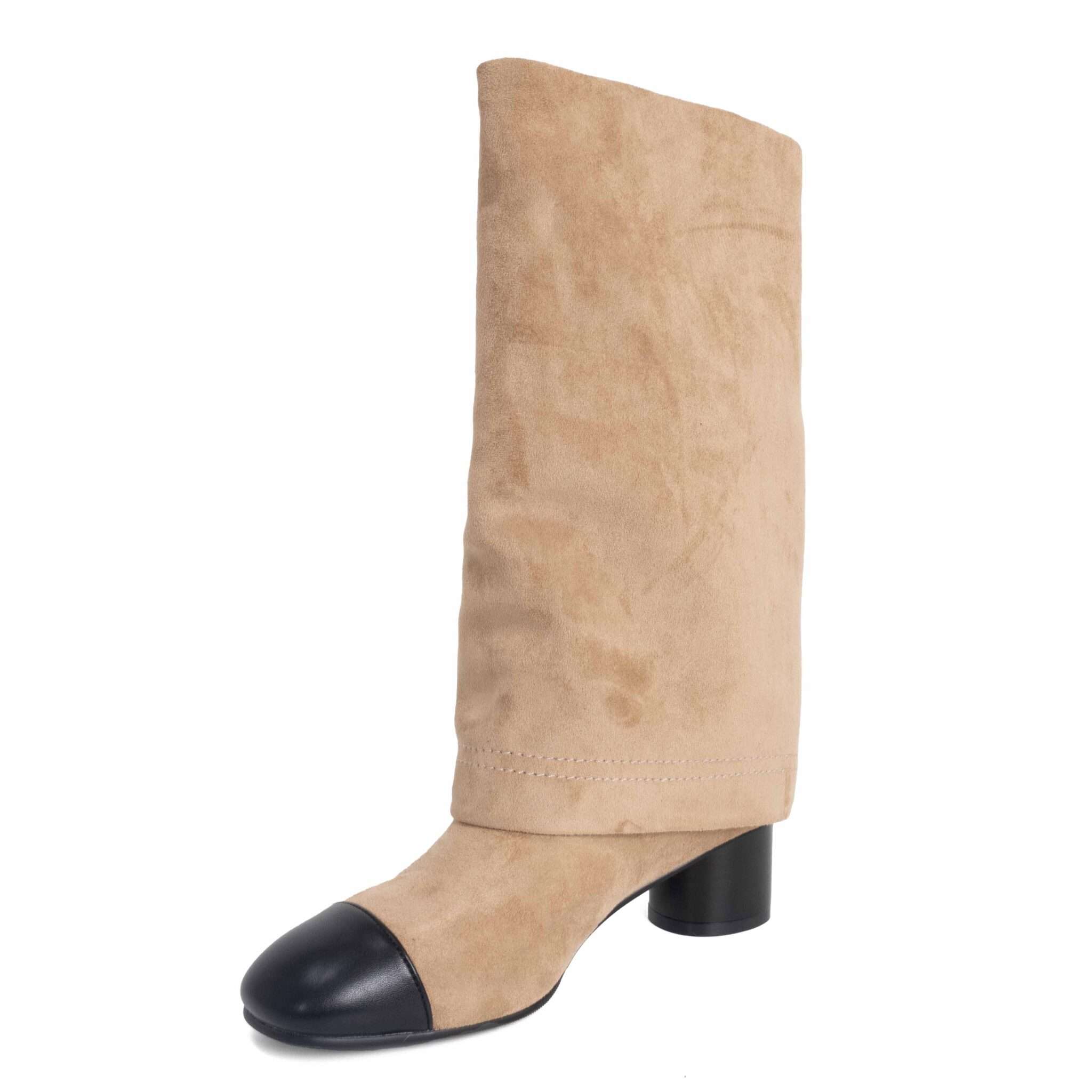 New heeled knee high boots for women with Khaki microfiber and black microfiber leather