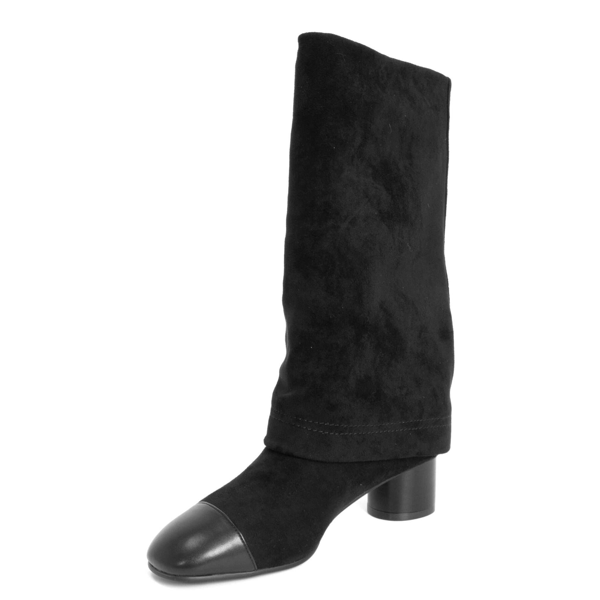 New heeled knee high boots for women with Black microfiber and black microfiber leather
