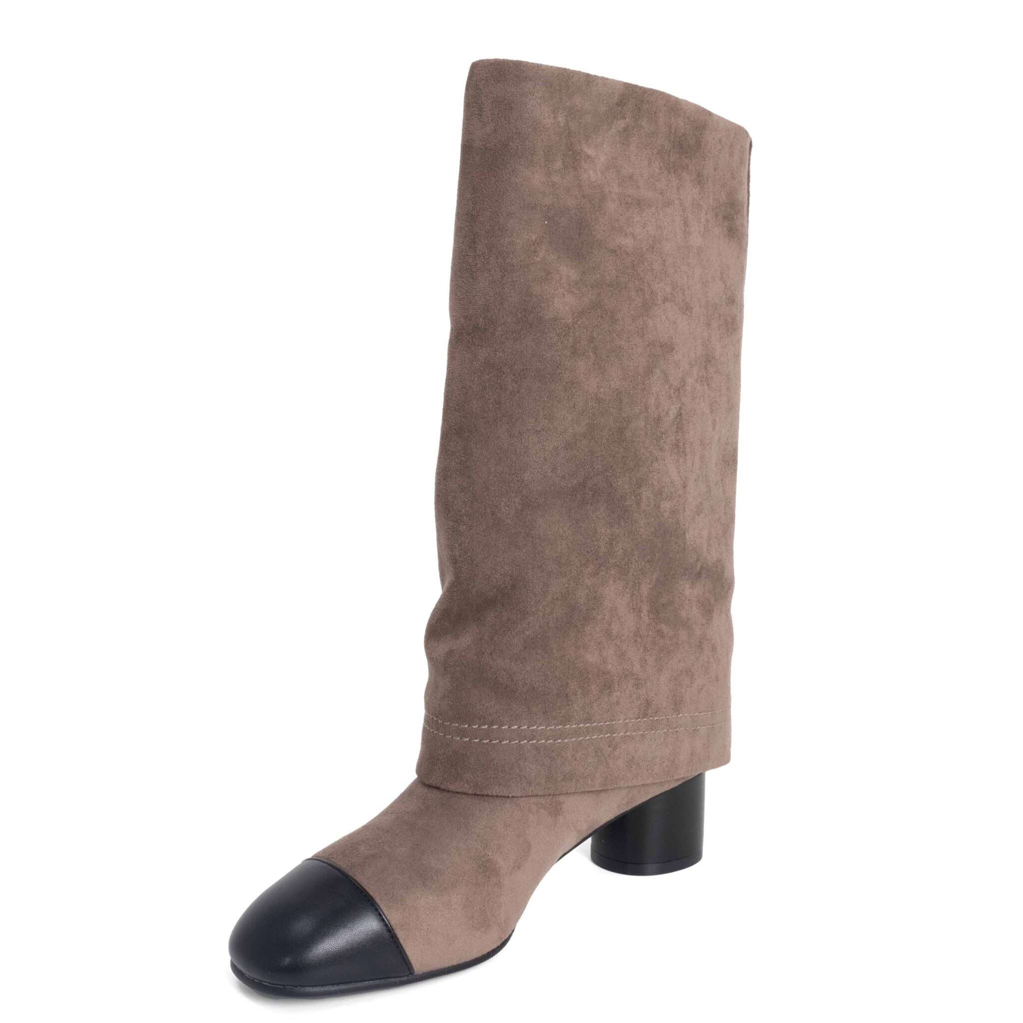 New heeled knee high boots for women with Apricot microfiber and black microfiber leather