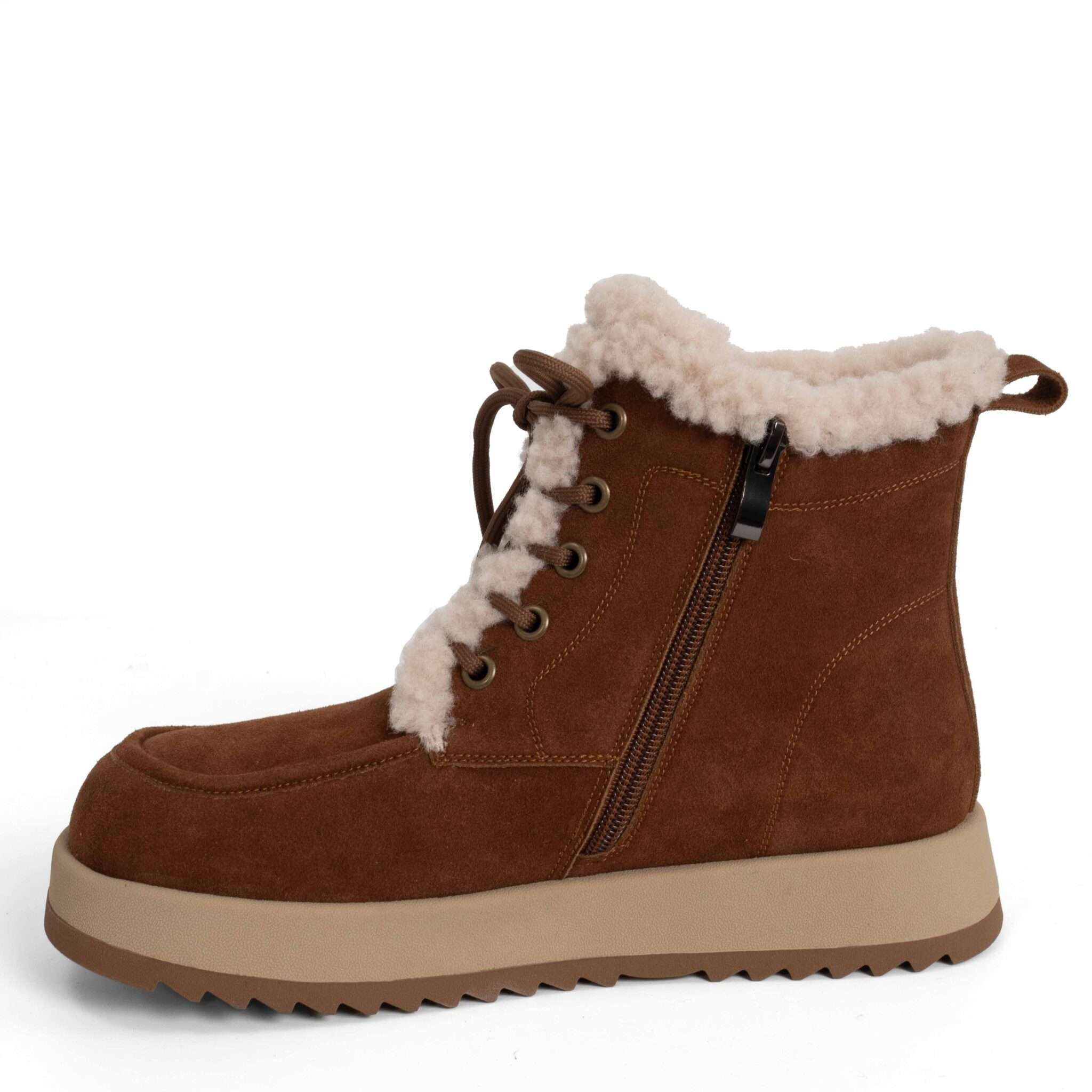New snow work boots for women with brown microfiber leather and synthetic fur