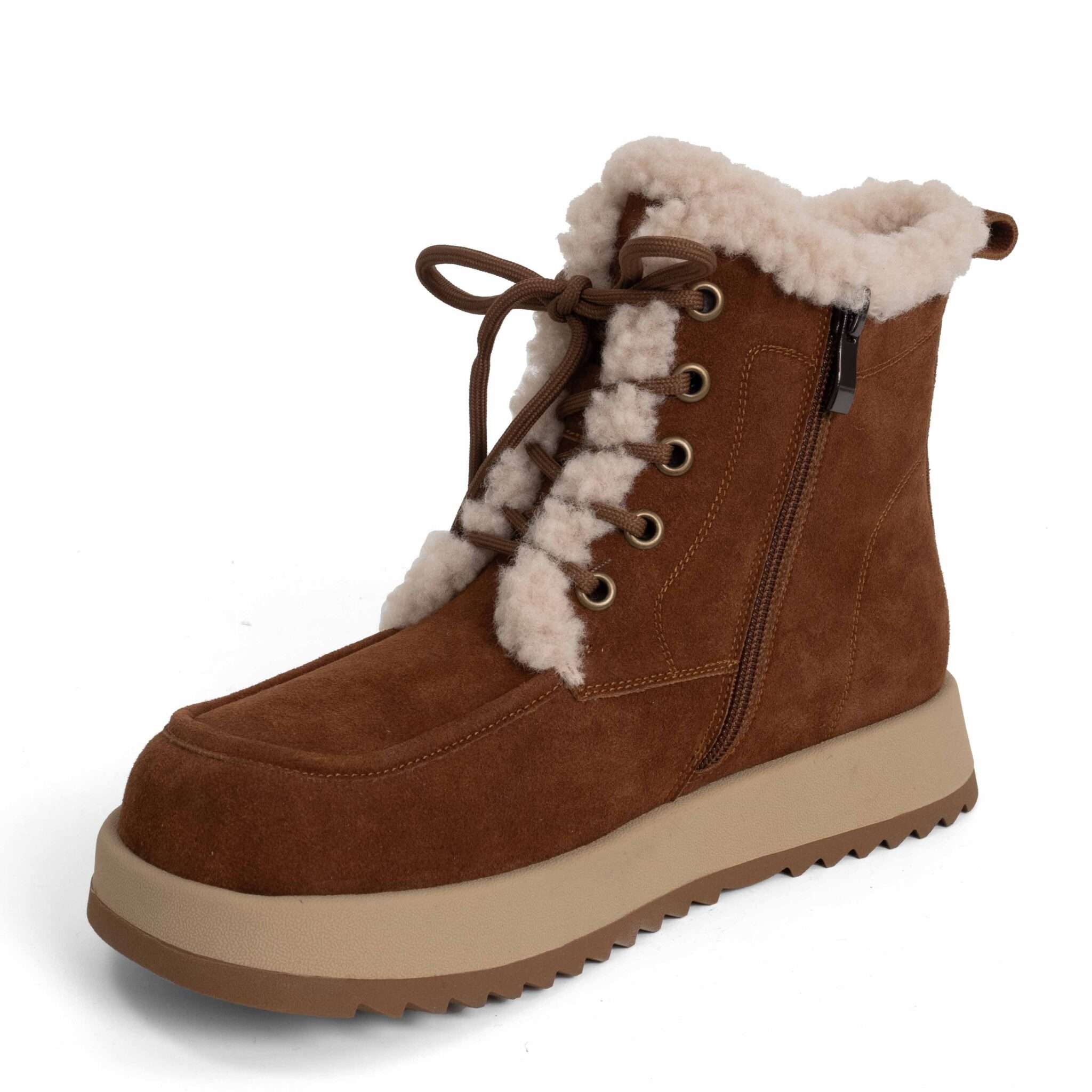 New snow work boots for women with brown microfiber leather and synthetic fur