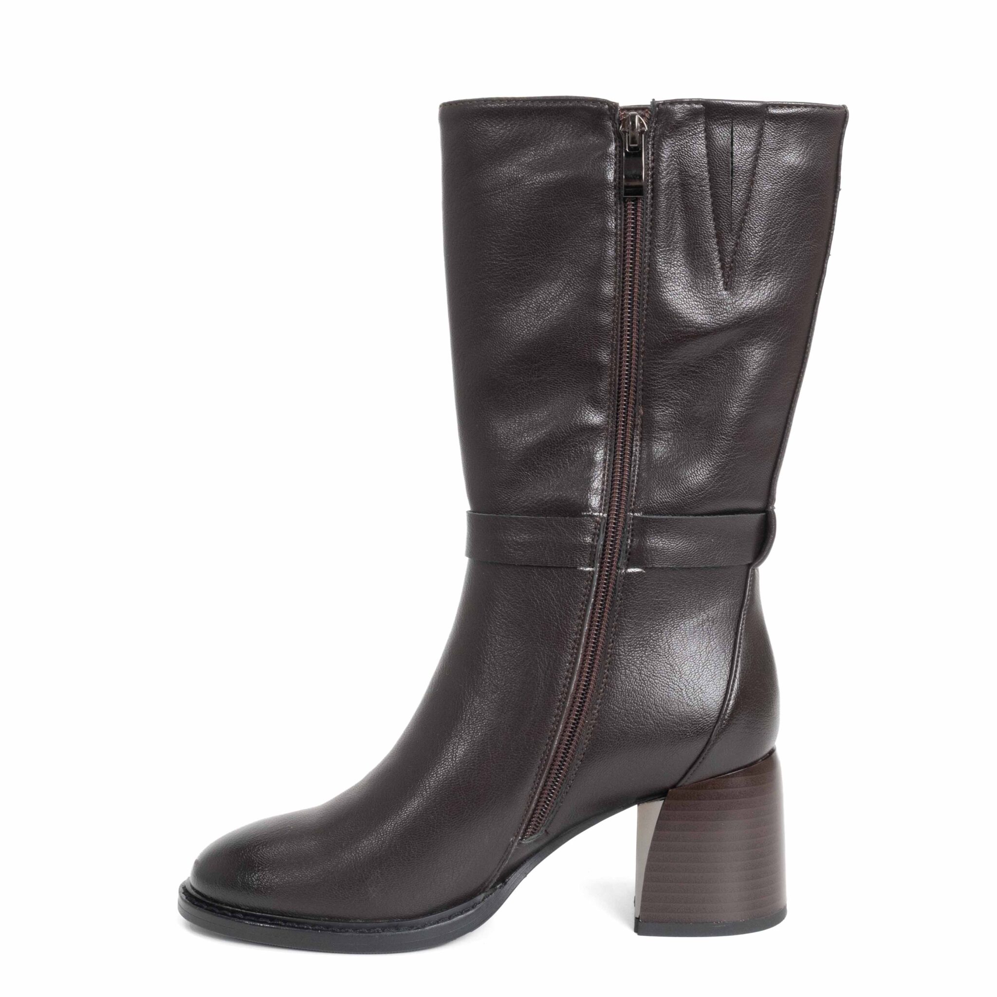 New heeled ankle boots for women with dark brown microfiber leather with low MOQ