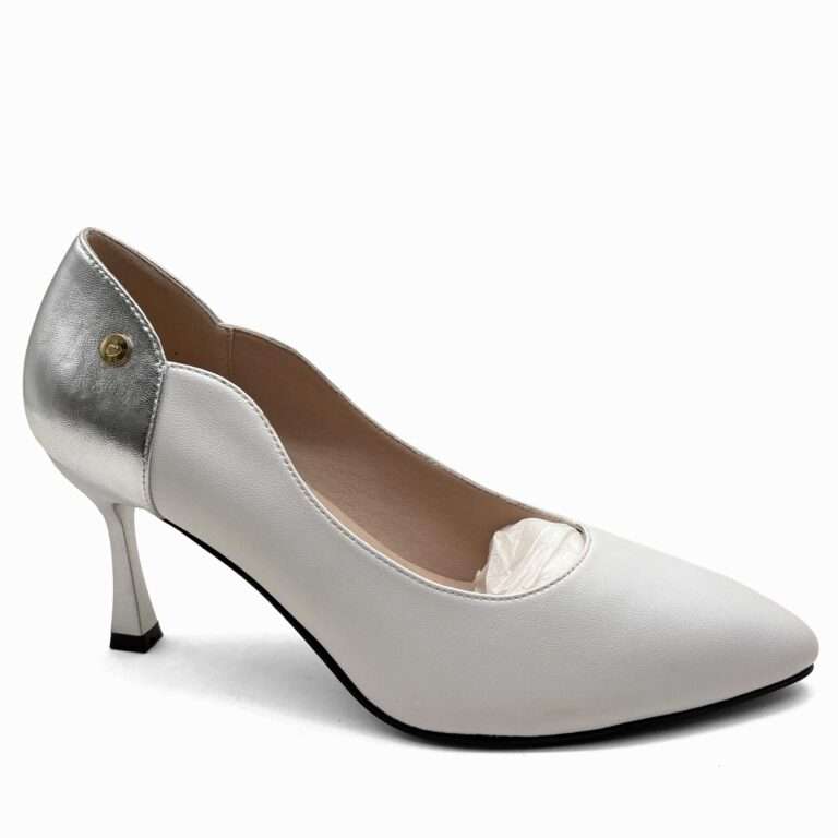White and silver scalloped pointed toe stiletto pumps
