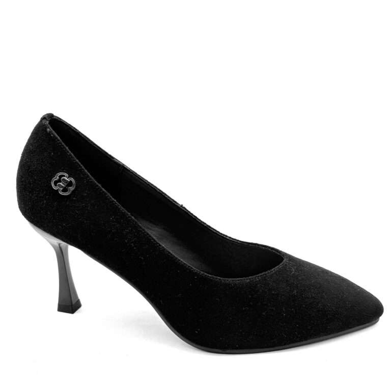 Black suede pointed toe kitten heel pumps
