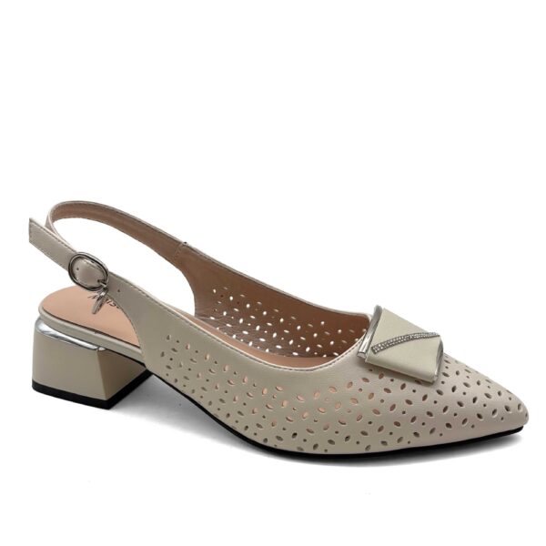 Cream laser-cut perforated slingback with rhinestone ornament