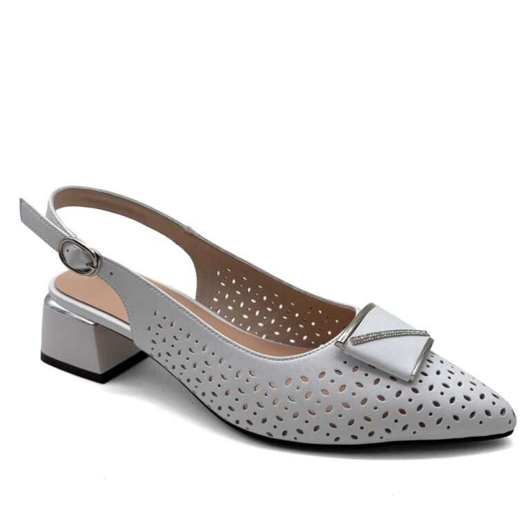 White laser-cut perforated slingback with crystal buckle ornament
