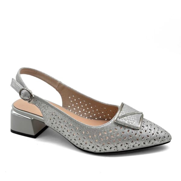 Silver metallic snakeskin laser-cut slingback