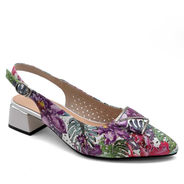 Floral orchid laser-cut perforated slingback with rhinestone buckle