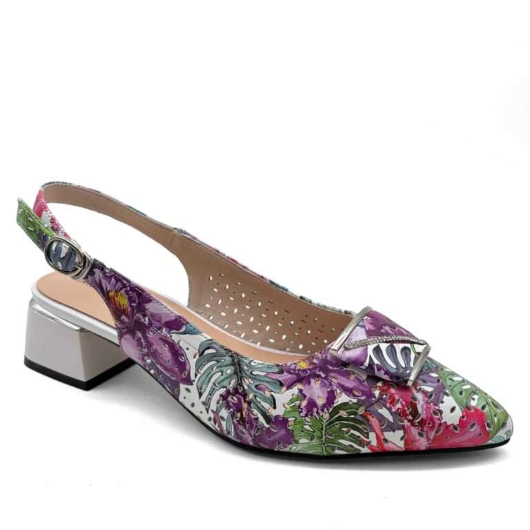 Floral orchid laser-cut perforated slingback with rhinestone buckle