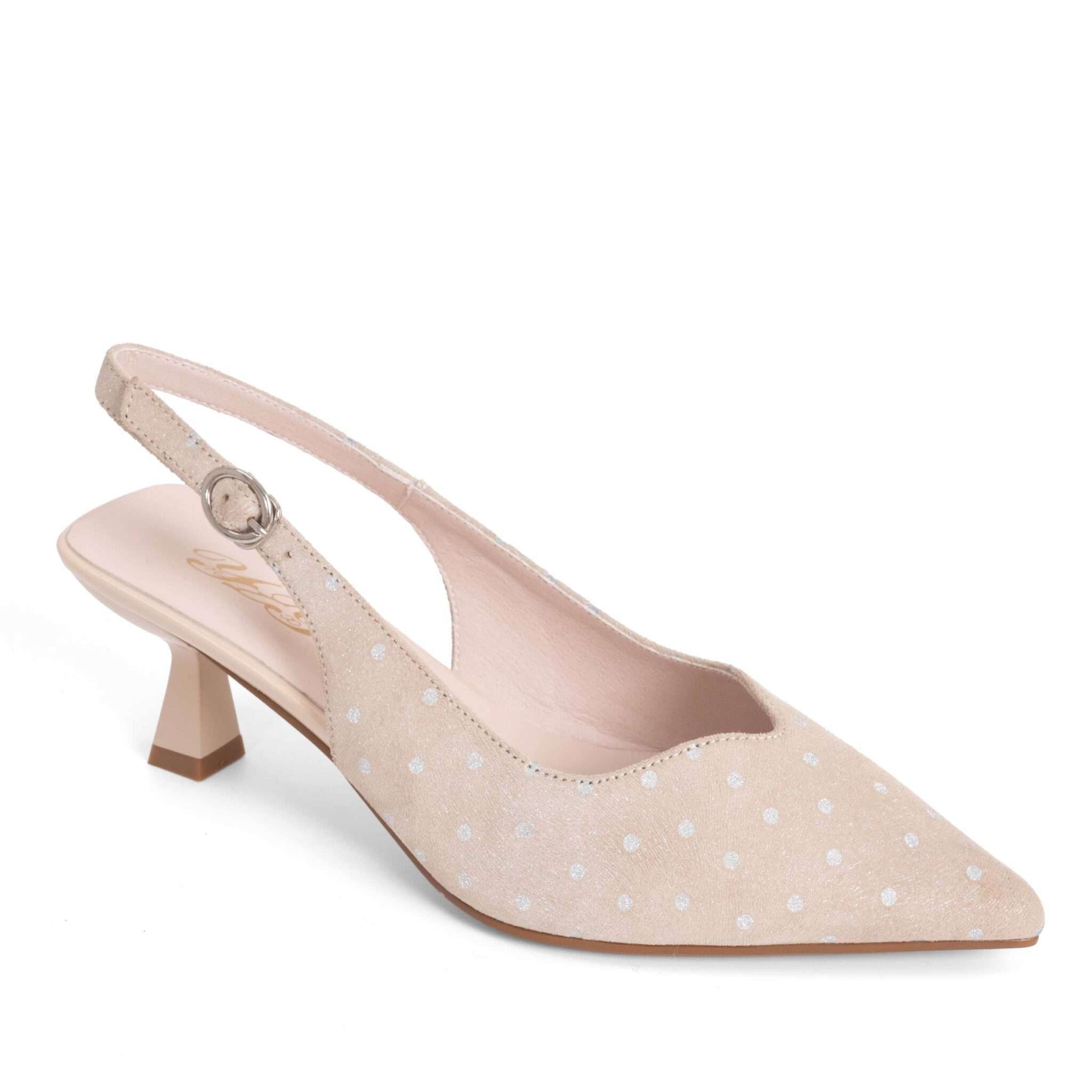 Beige suede shimmer polka dot pointed slingback kitten heel
