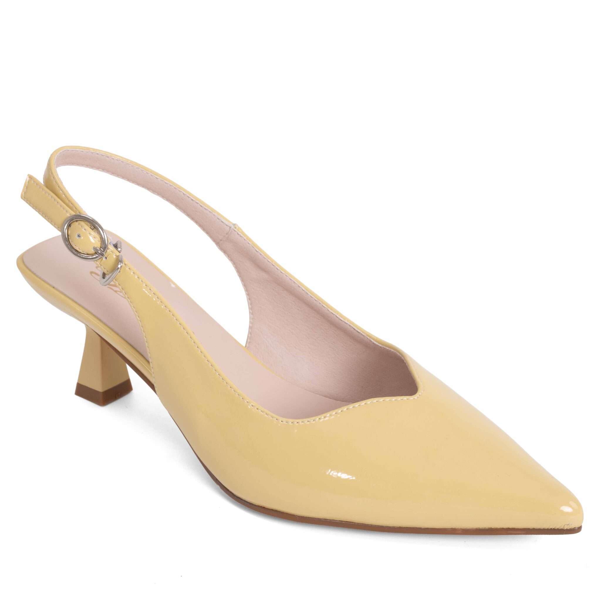 Butter yellow patent pointed toe slingback kitten heel