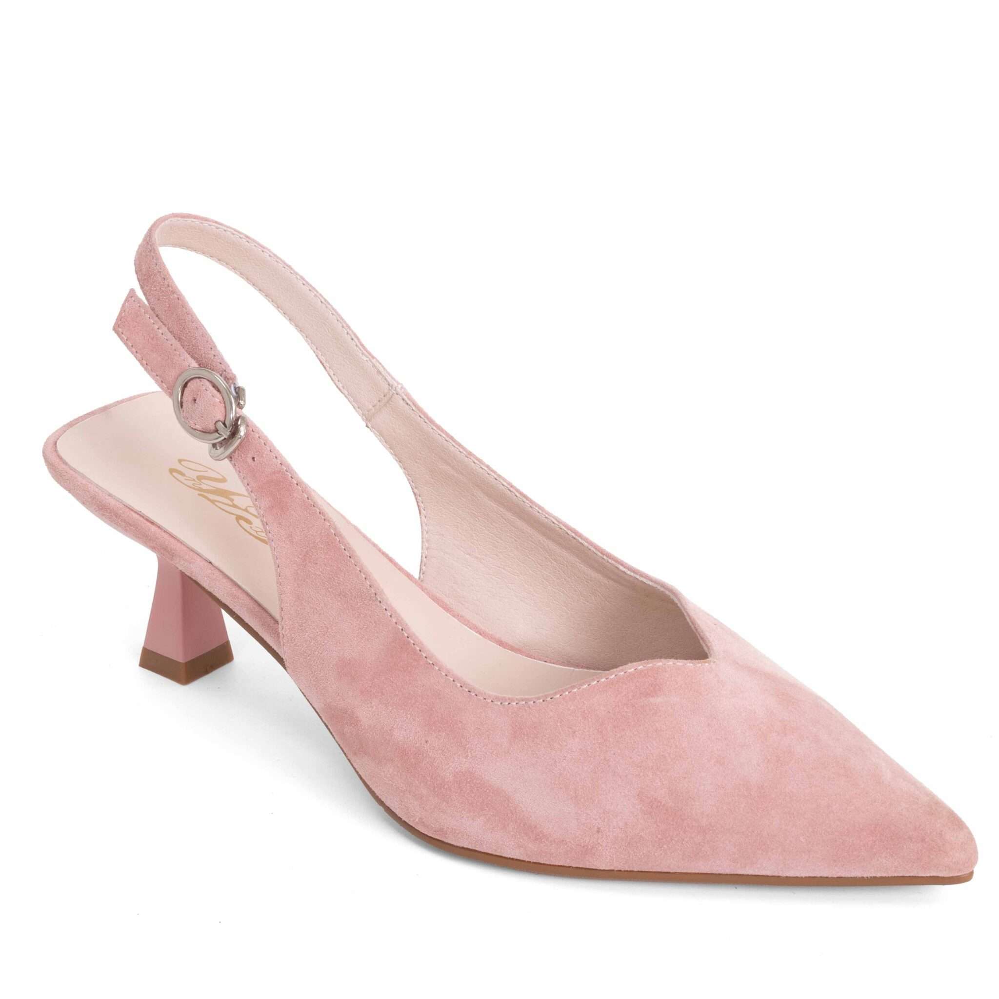 Dusty rose suede pointed toe slingback kitten heel