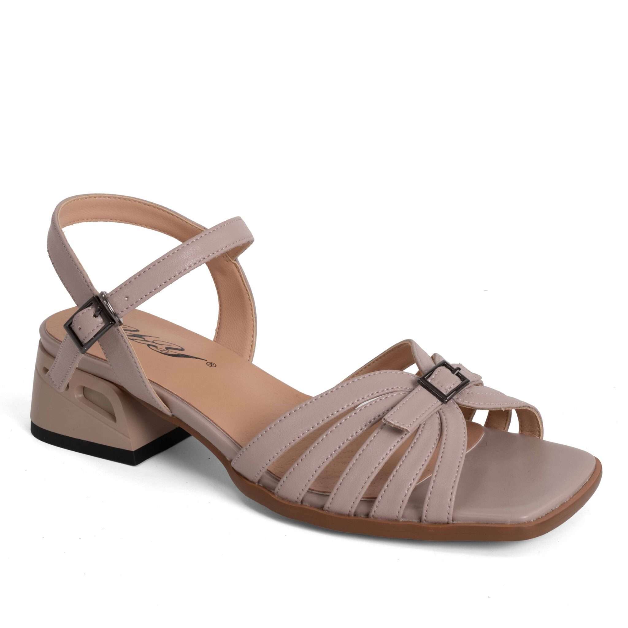 Taupe multi-strap square toe block heel sandal