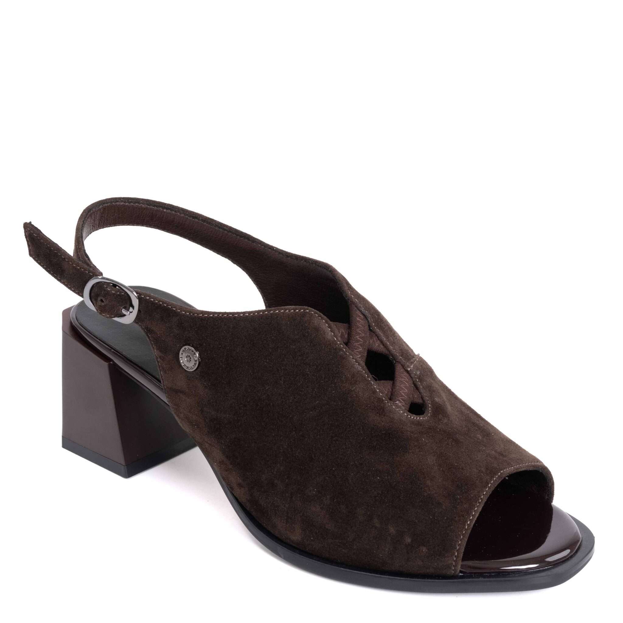 Chocolate brown suede peep-toe block heel slingback